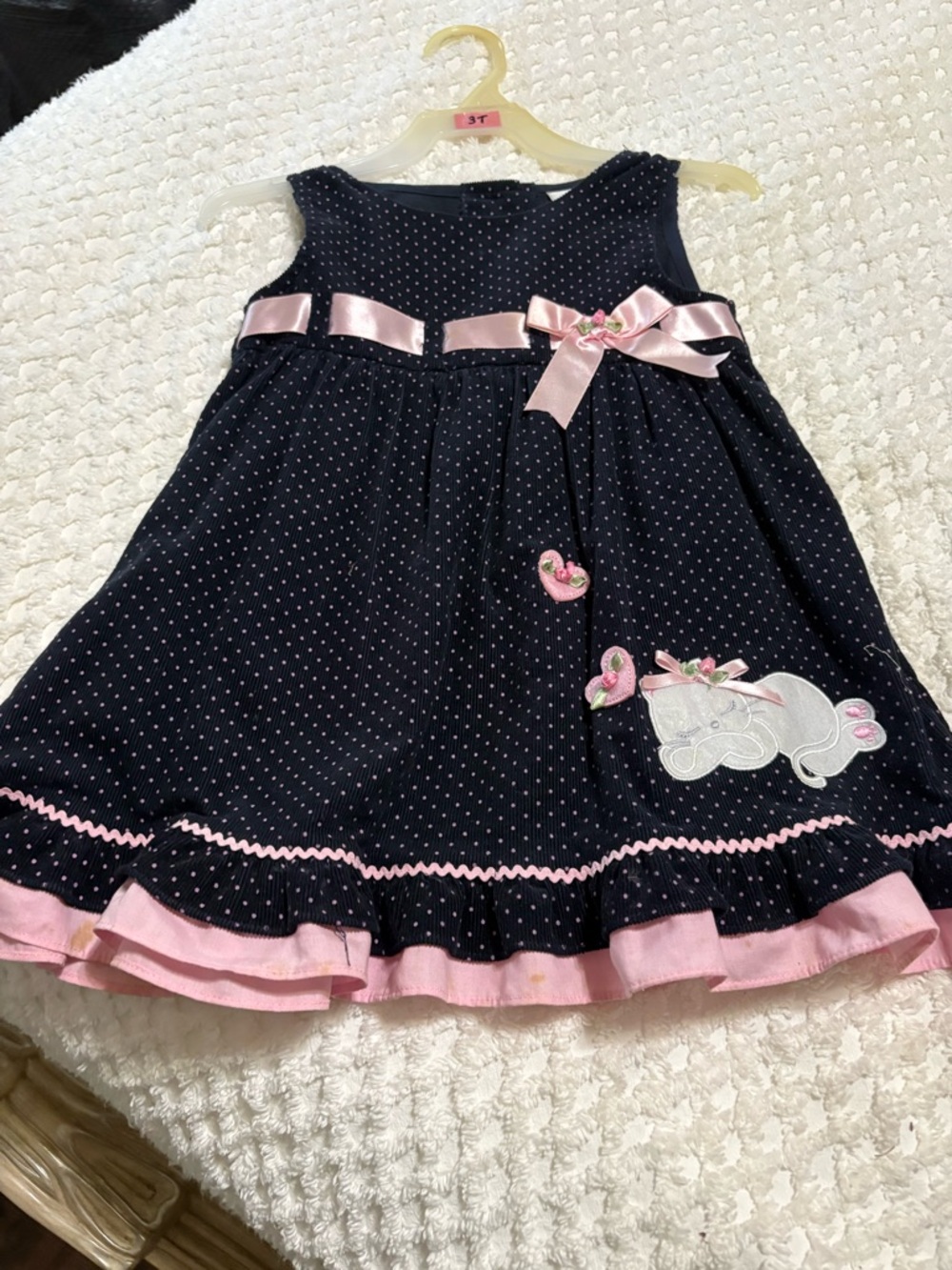 Rare Editions Navy Blue and Pink Polka Dot Dress with Kitten Appliqué